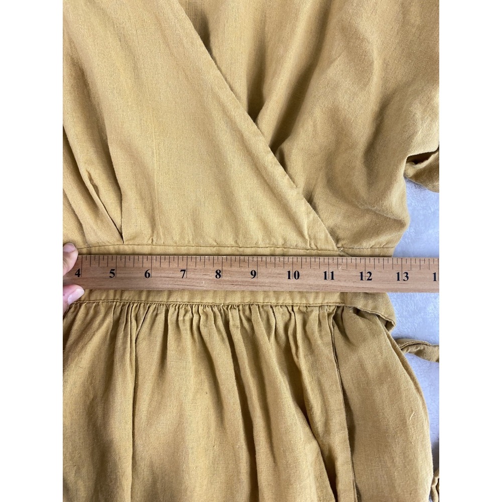 Urban Outfitters Midi Dress Women Sz S Mustard Yellow Wrap Linen Blend Cottage - Picture 9 of 13